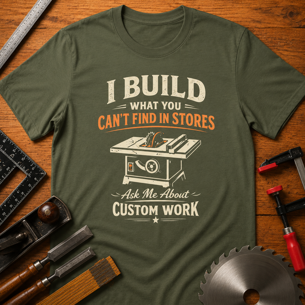 I BUILD WHAT YOU CAN'T FIND IN STORES" (Ask Me About Custom Work) Woodworking Business Promotion Tee