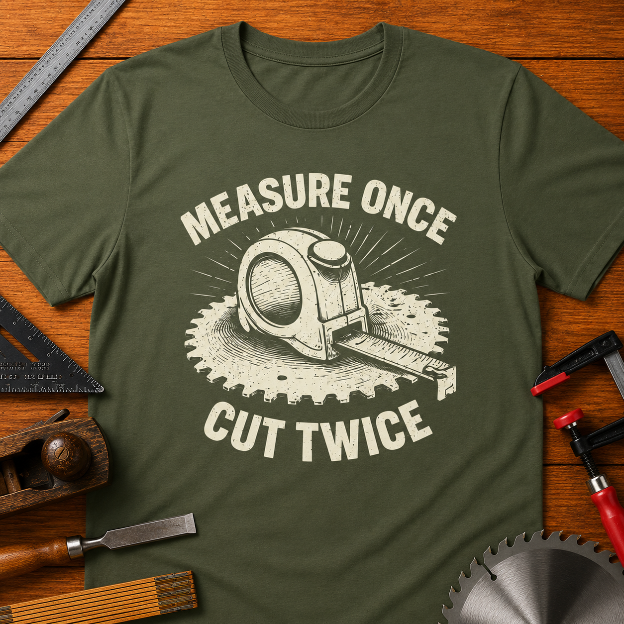 Measure Once, Cut Twice Woodworking T-Shirt — Funny Carpenter Tee