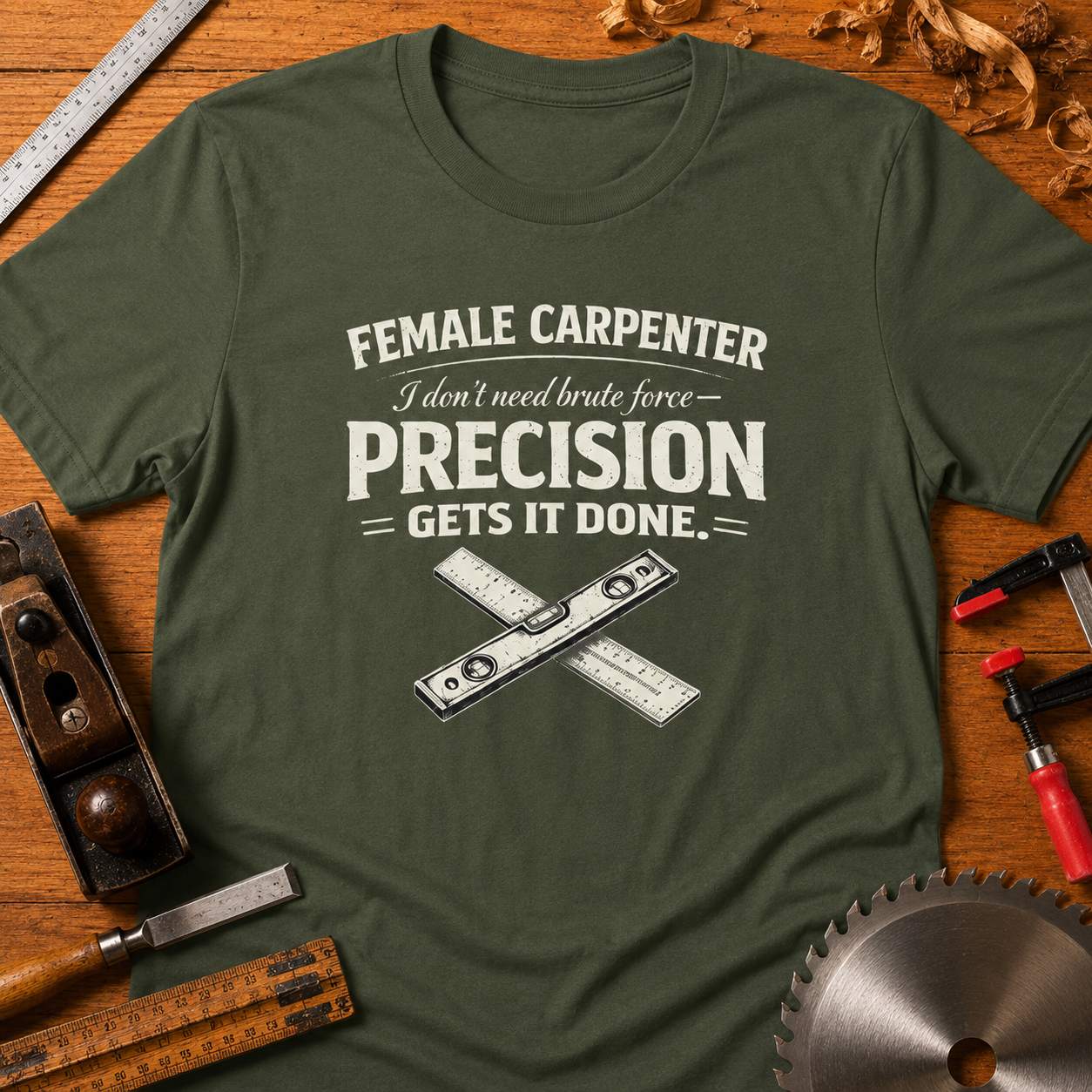 I Don't Need Brute Force, Precision Gets It Done, Female Carpenter T-Shirt