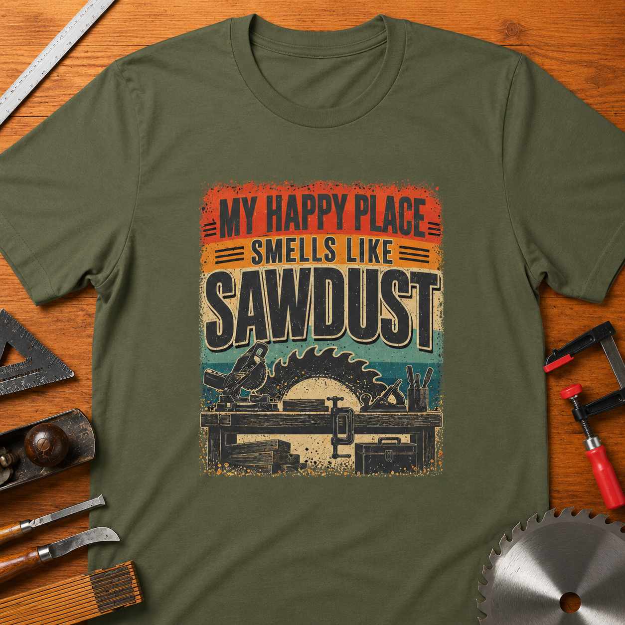My Happy Place Smells Like Sawdust T-Shirt — Funny Woodworking Tee