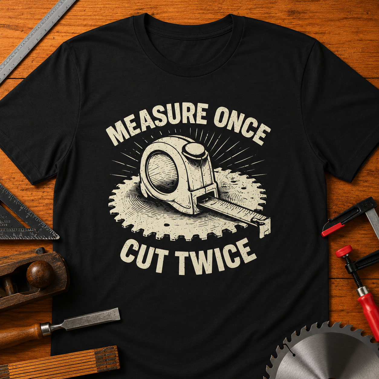 Measure Once, Cut Twice Woodworking T-Shirt — Funny Carpenter Tee