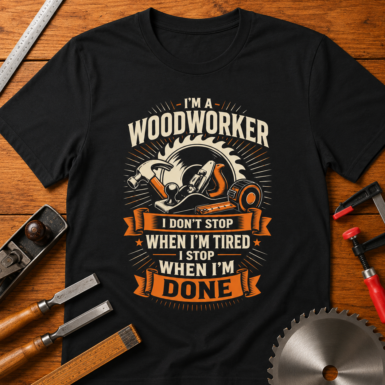 Woodworker T-Shirt — “I Don’t Stop When I’m Tired, I Stop When I’m Done”