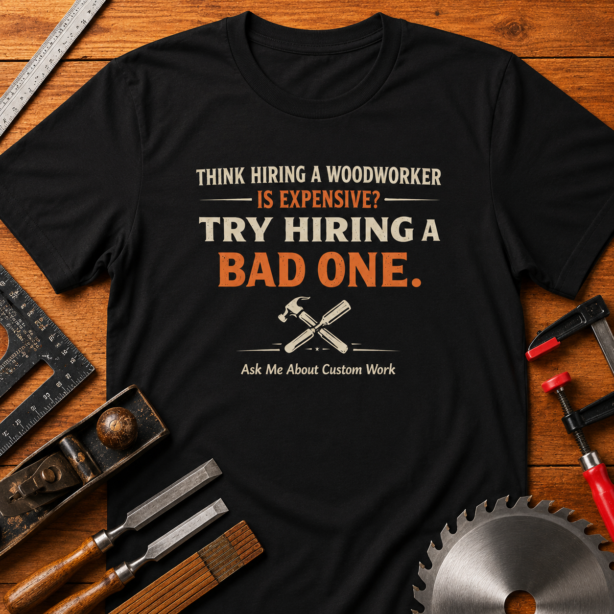 Think Hiring a Woodworker Is Expensive? Try Hiring a Bad One" (Ask Me About Custom Work) Woodworking Business Tee Promotion