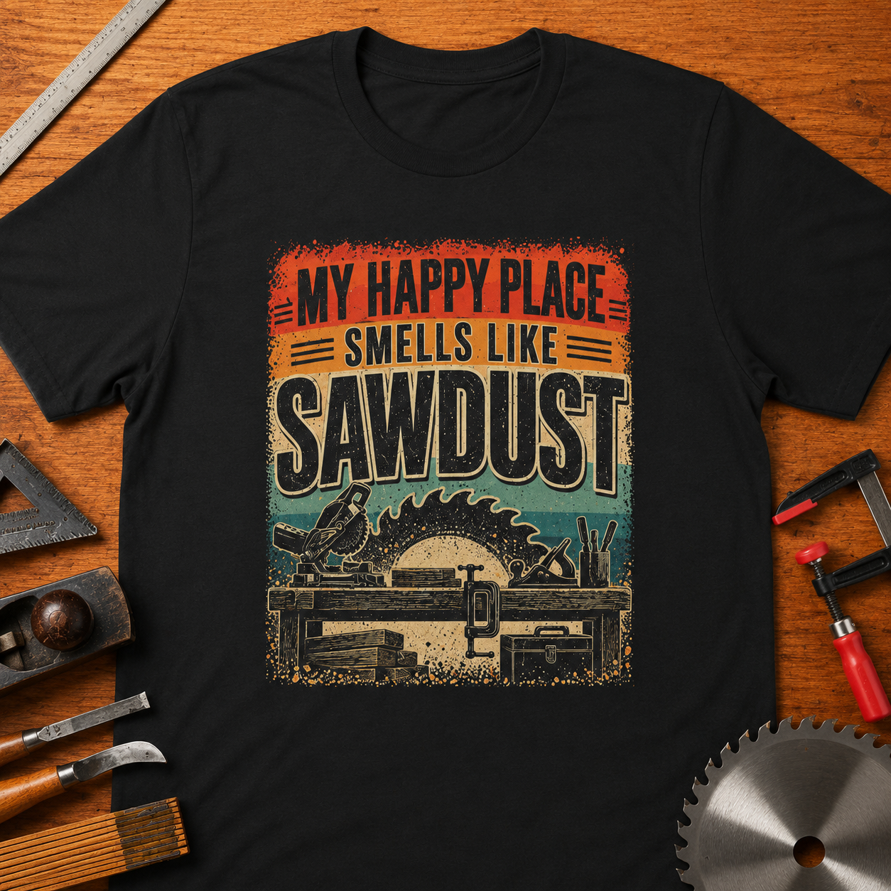 My Happy Place Smells Like Sawdust T-Shirt — Funny Woodworking Tee