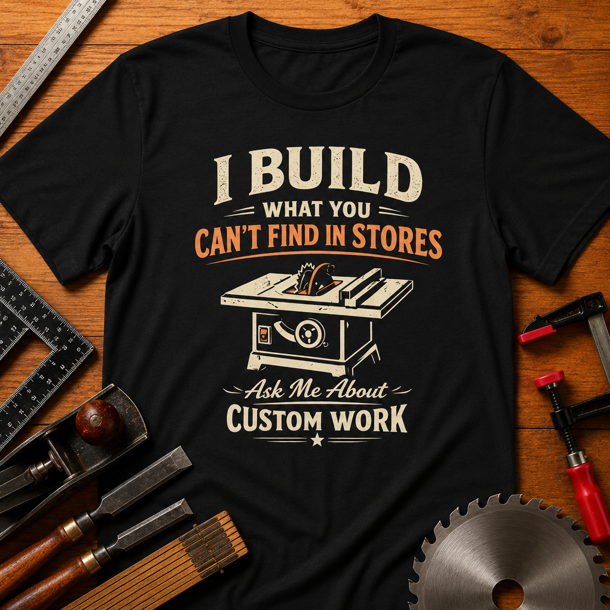 I BUILD WHAT YOU CAN'T FIND IN STORES" (Ask Me About Custom Work) Woodworking Business Promotion Tee