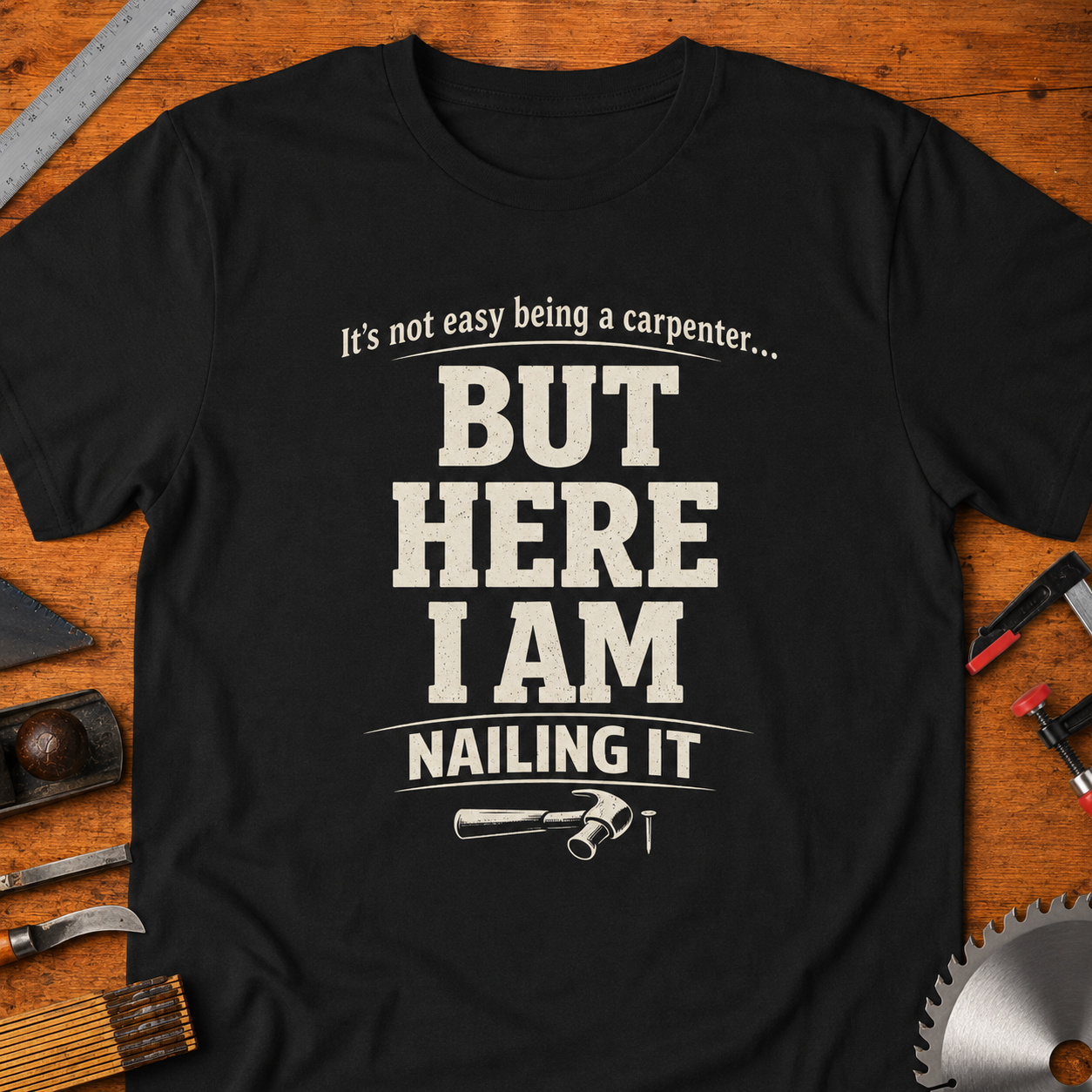 Carpenter T-Shirt — "It's Not Easy Being a Carpenter, But Here I Am Nailing It" Funny Woodworking Tee