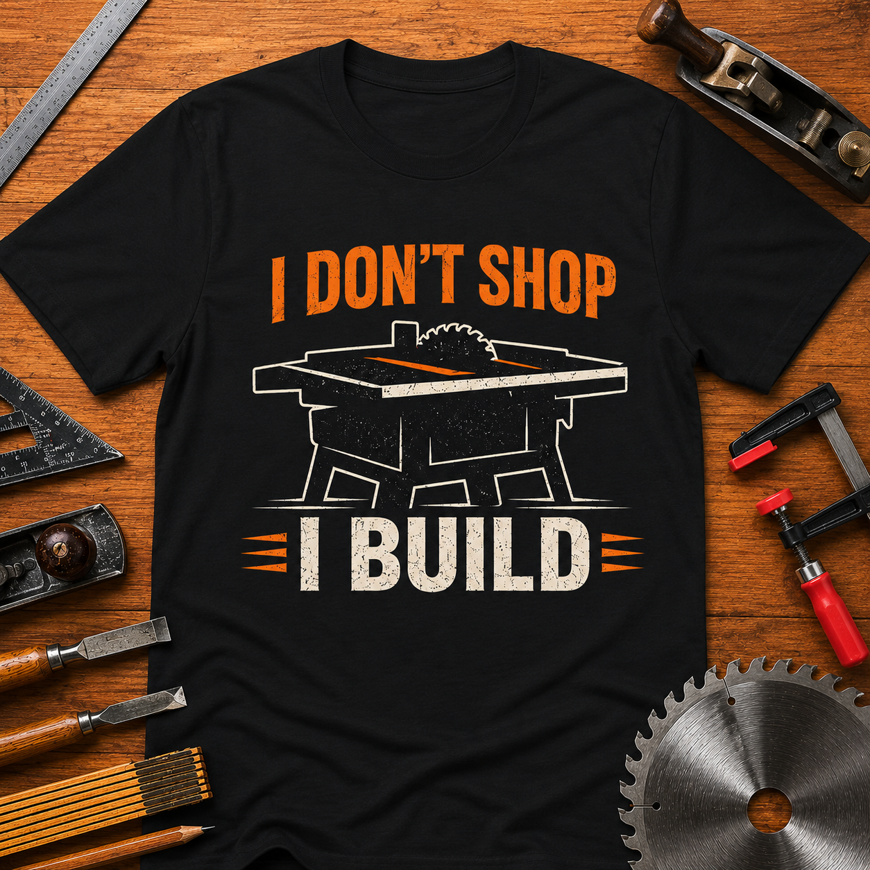 I DON'T SHOP I BUILD Woodworking T-Shirt — Funny Carpenter Tee