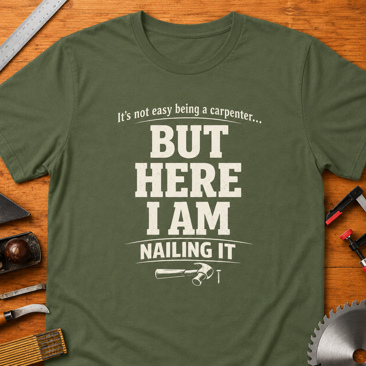 Carpenter T-Shirt — "It's Not Easy Being a Carpenter, But Here I Am Nailing It" Funny Woodworking Tee