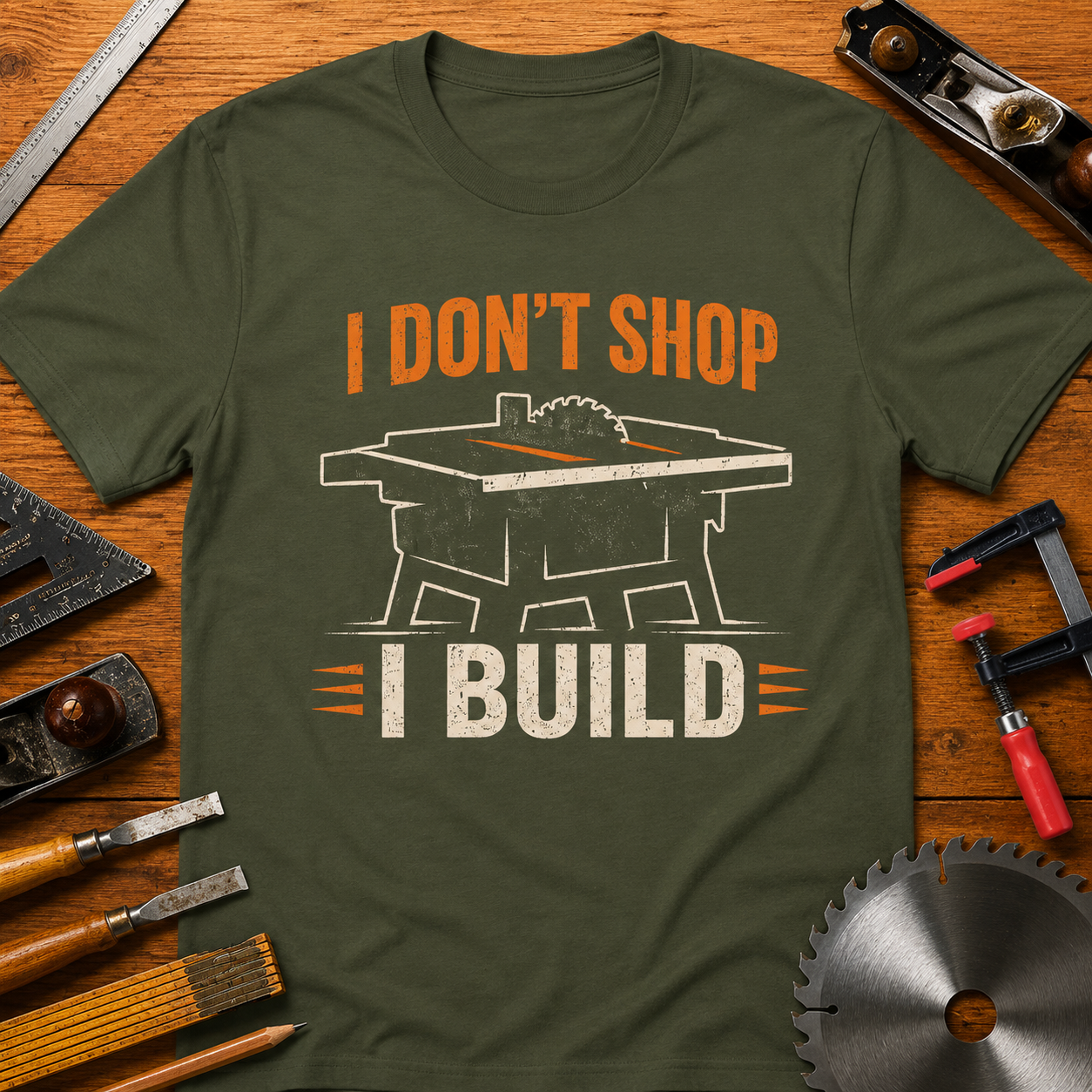 I DON'T SHOP I BUILD Woodworking T-Shirt — Funny Carpenter Tee