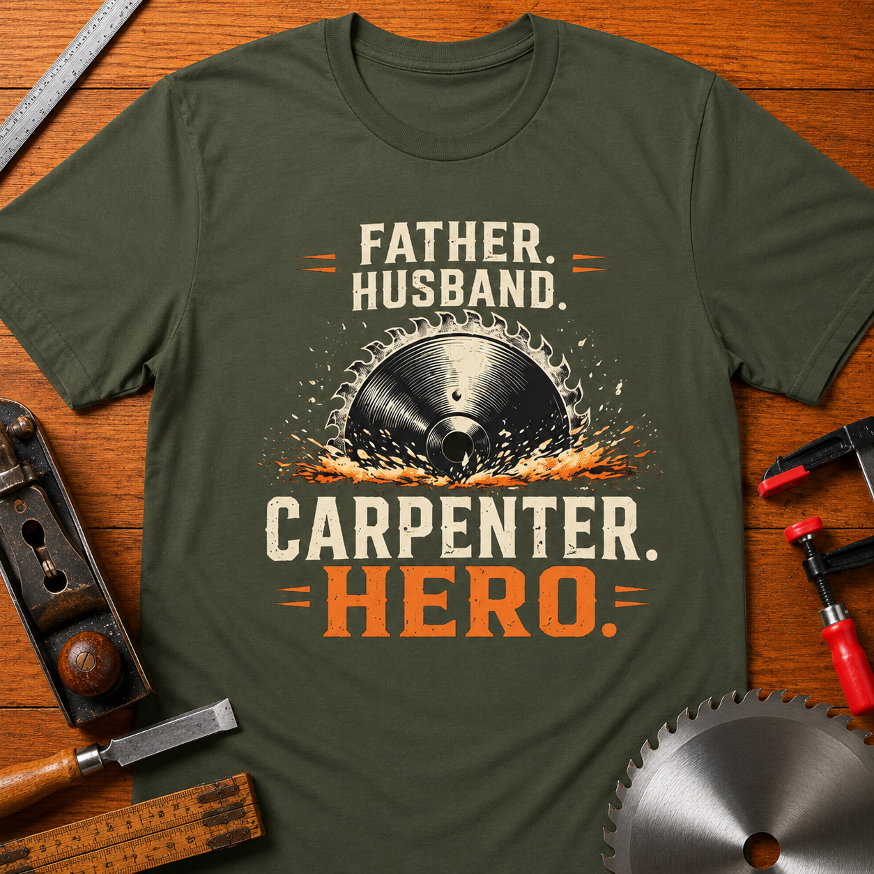 Carpenter Dad T-Shirt — "Father, Husband, Carpenter, Hero" Funny Woodworking Tee
