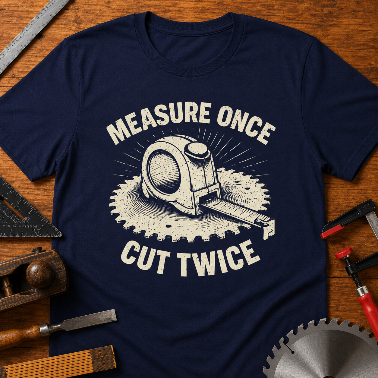 Measure Once, Cut Twice Woodworking T-Shirt — Funny Carpenter Tee