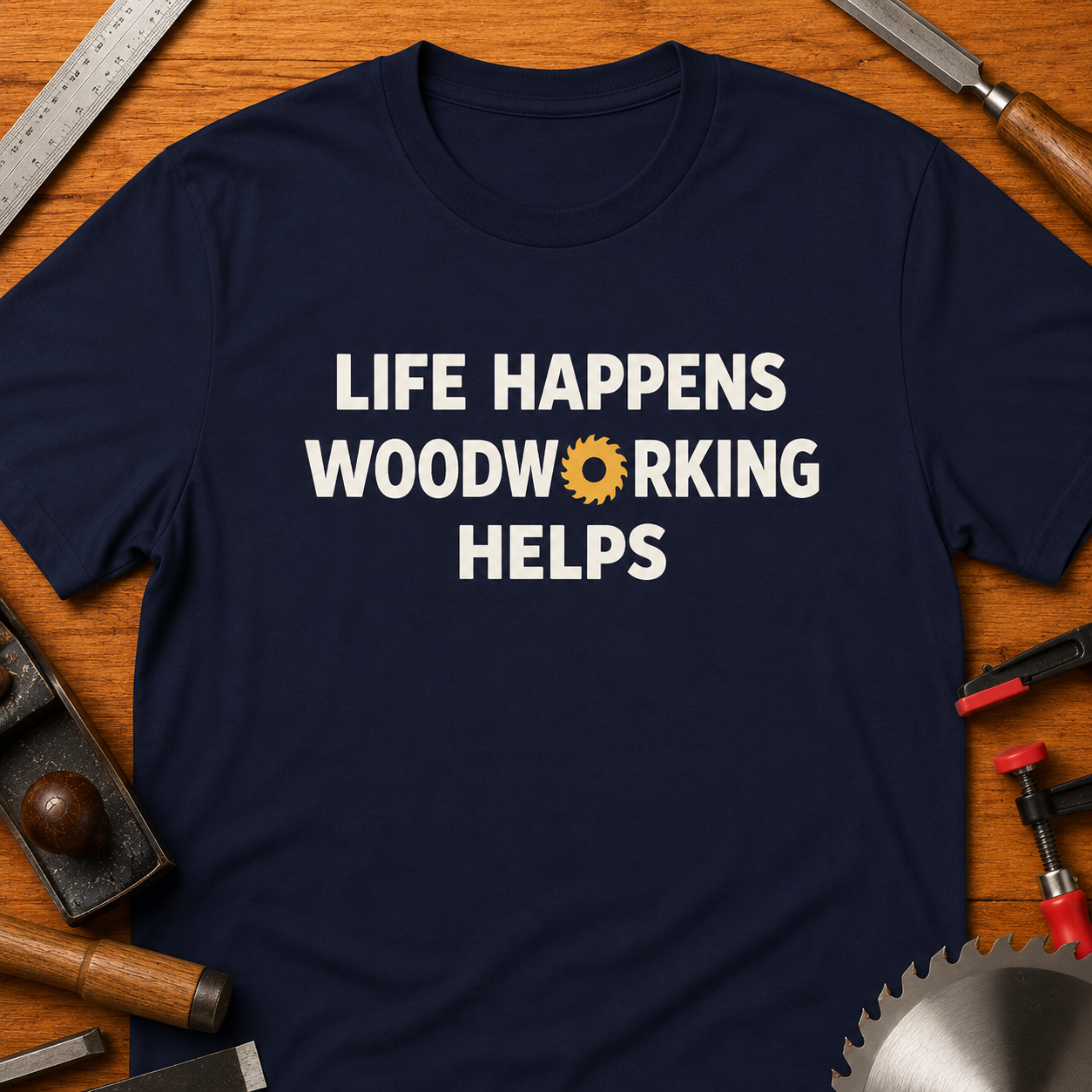 Life Happens, Woodworking Helps T-Shirt — Woodworker Tee