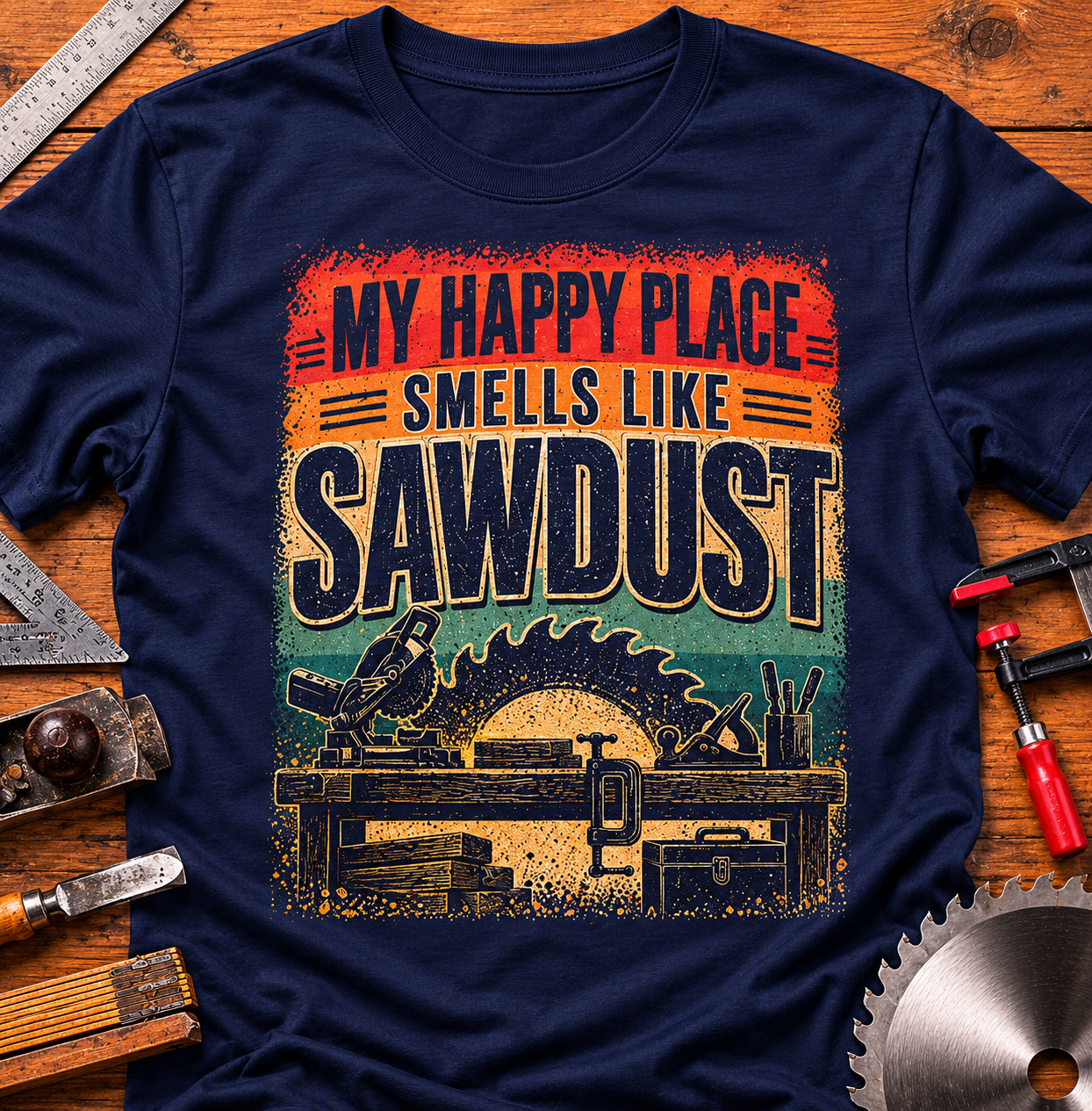 My Happy Place Smells Like Sawdust T-Shirt — Funny Woodworking Tee