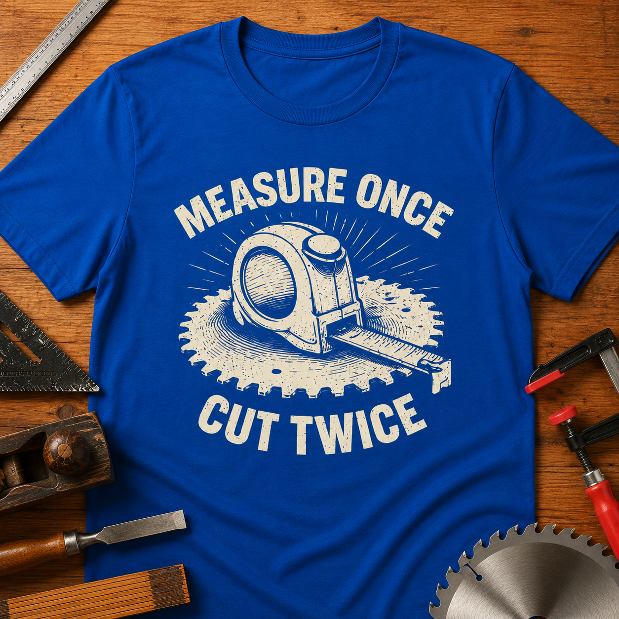 Measure Once, Cut Twice Woodworking T-Shirt — Funny Carpenter Tee
