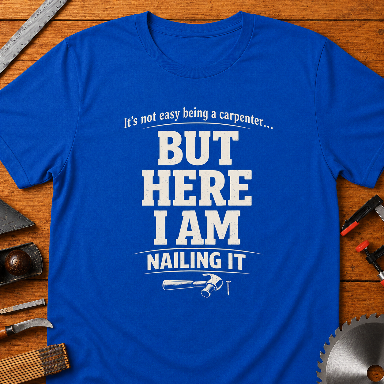 Carpenter T-Shirt — "It's Not Easy Being a Carpenter, But Here I Am Nailing It" Funny Woodworking Tee