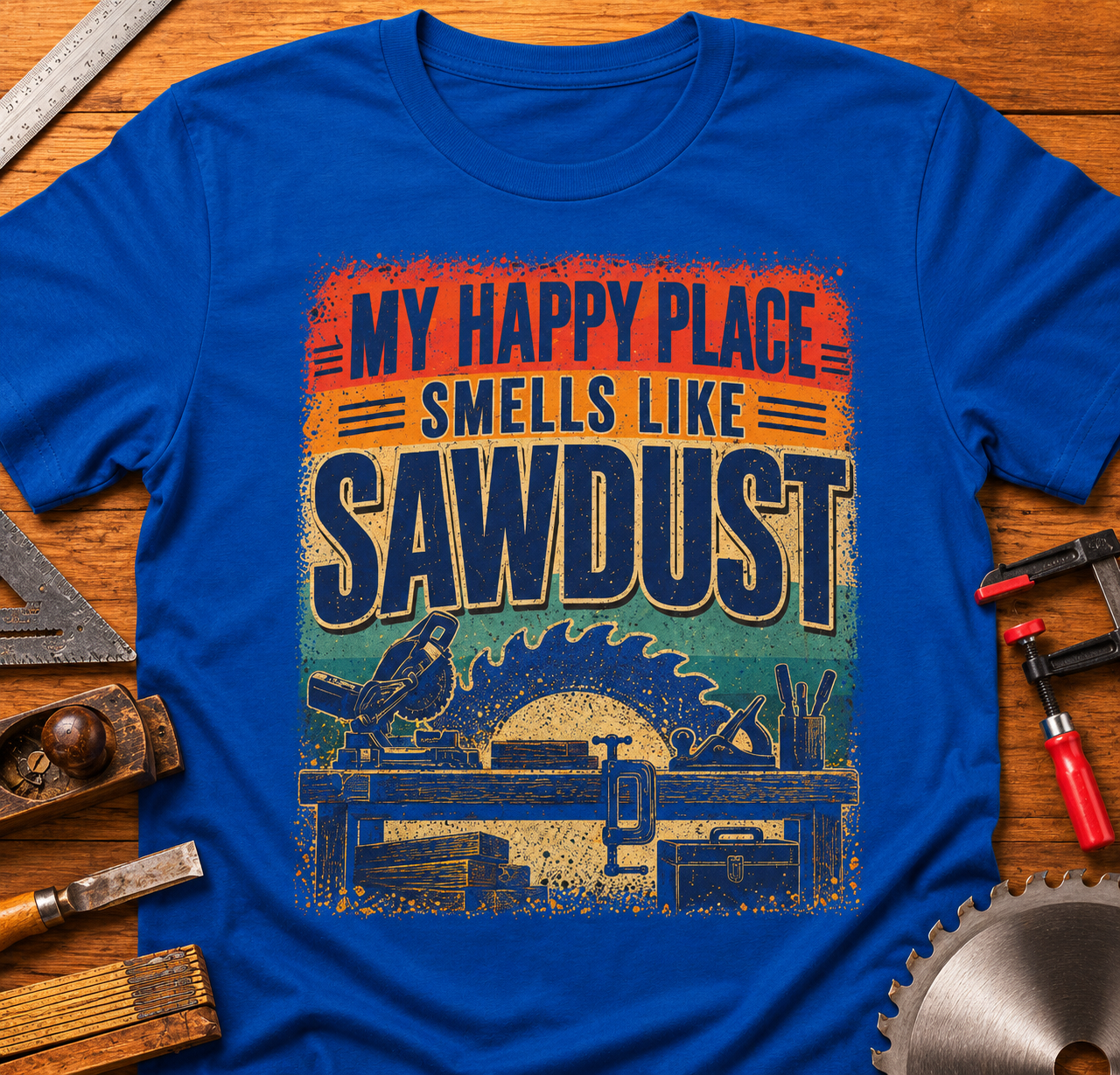 My Happy Place Smells Like Sawdust T-Shirt — Funny Woodworking Tee