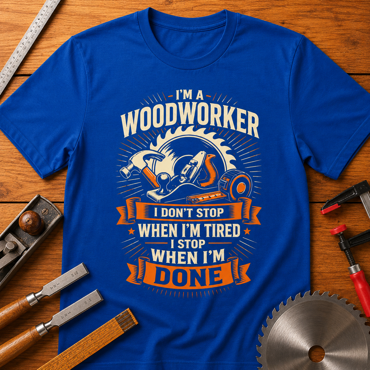 Woodworker T-Shirt — “I Don’t Stop When I’m Tired, I Stop When I’m Done”