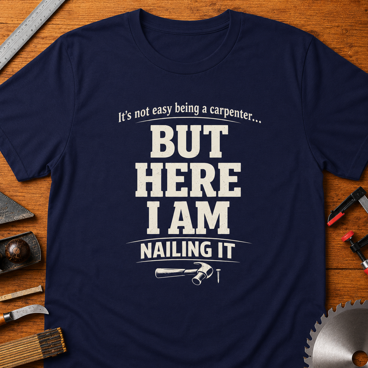 Carpenter T-Shirt — "It's Not Easy Being a Carpenter, But Here I Am Nailing It" Funny Woodworking Tee